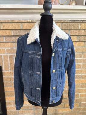 Levis Sherpa Lined Denim Trucker Jacket Blue Western Y2K Retro Sz M Rodeo Ranch